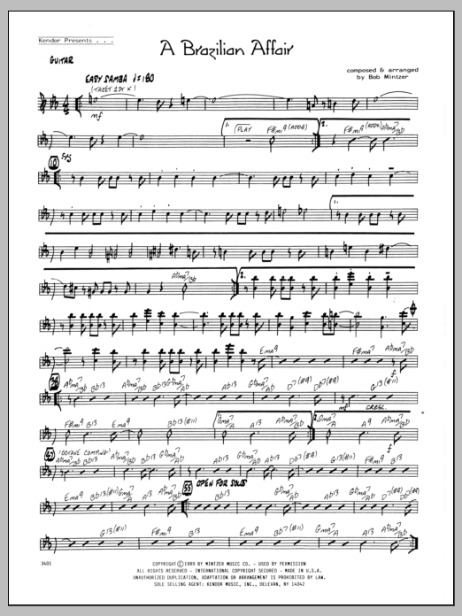 Learn to play Bob Mintzer Brazilian Affair - Guitar sheet music for Jazz Ensemble in minutes. Bob Mintzer Brazilian Affair - Guitar sheet music preview music notes and score for Jazz Ensemble including 2 page(s)