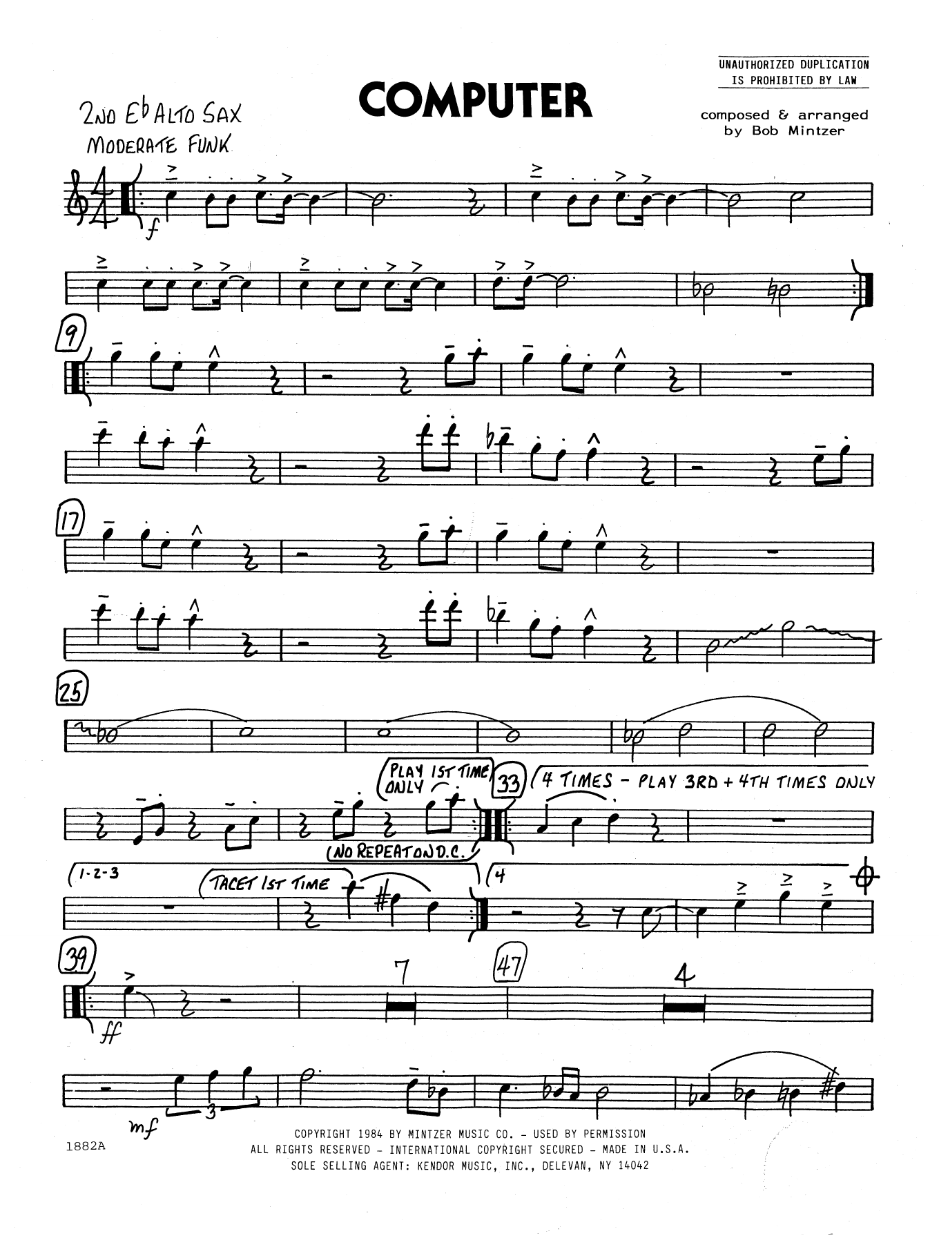 Learn to play Bob Mintzer Computer - 2nd Eb Alto Saxophone sheet music for Jazz Ensemble in minutes. Bob Mintzer Computer - 2nd Eb Alto Saxophone sheet music preview music notes and score for Jazz Ensemble including 2 page(s)
