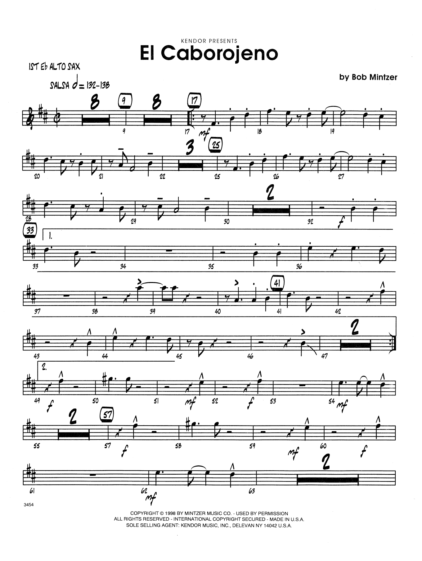 Bob Mintzer El Caborojeno - 1st Eb Alto Saxophone sheet music preview music notes and score for Jazz Ensemble including 3 page(s)