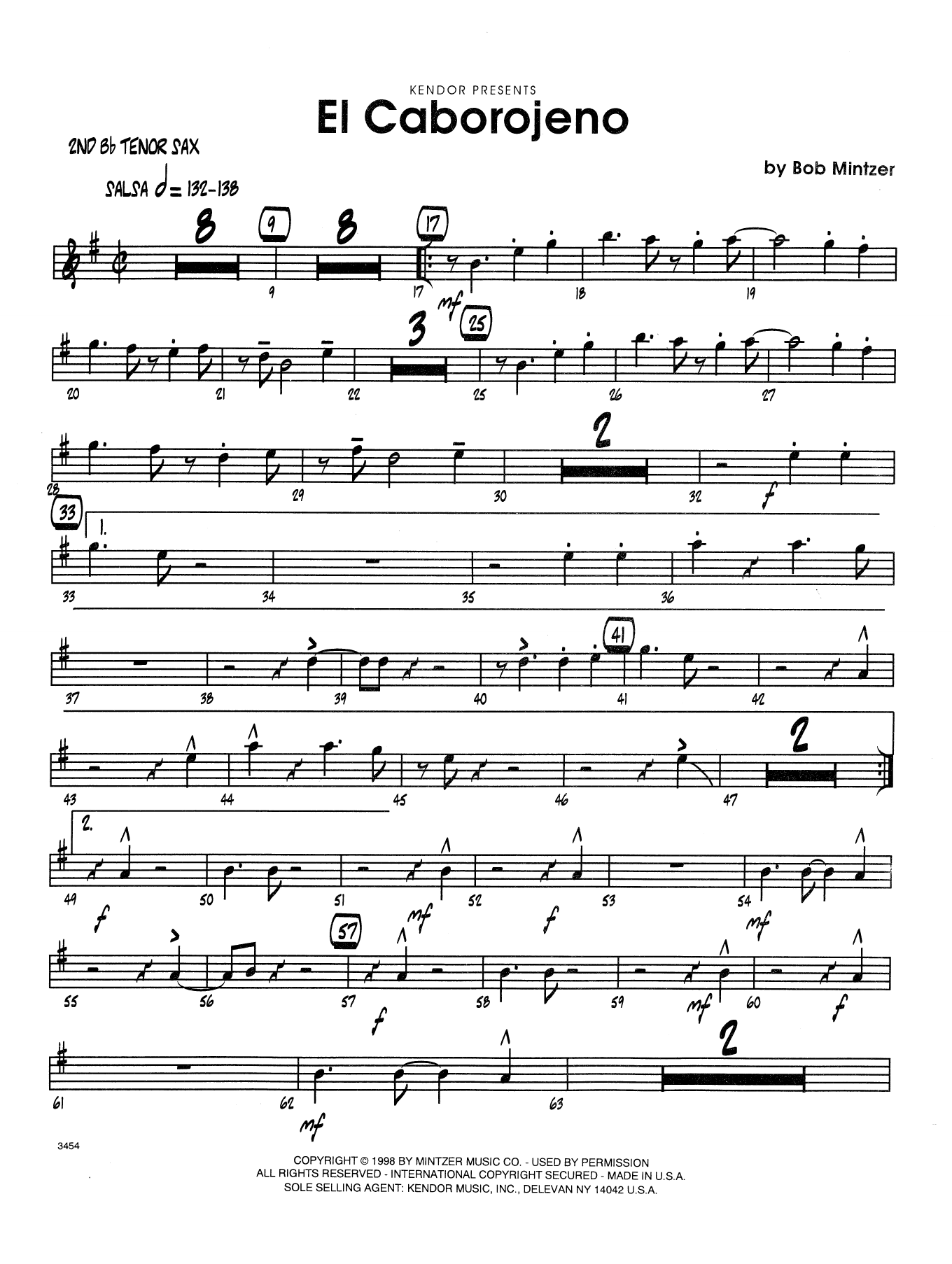 Learn to play Bob Mintzer El Caborojeno - 2nd Bb Tenor Saxophone sheet music for Jazz Ensemble in minutes. Bob Mintzer El Caborojeno - 2nd Bb Tenor Saxophone sheet music preview music notes and score for Jazz Ensemble including 3 page(s)
