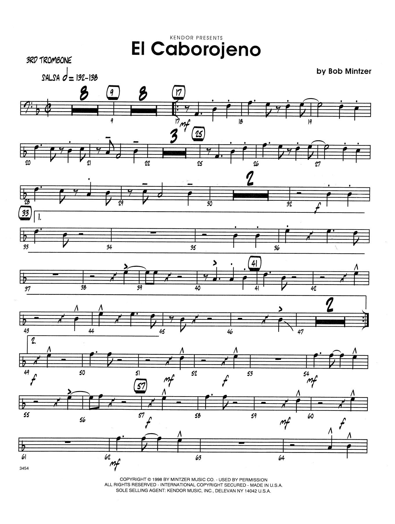 Learn to play Bob Mintzer El Caborojeno - 3rd Trombone sheet music for Jazz Ensemble in minutes. Bob Mintzer El Caborojeno - 3rd Trombone sheet music preview music notes and score for Jazz Ensemble including 3 page(s)