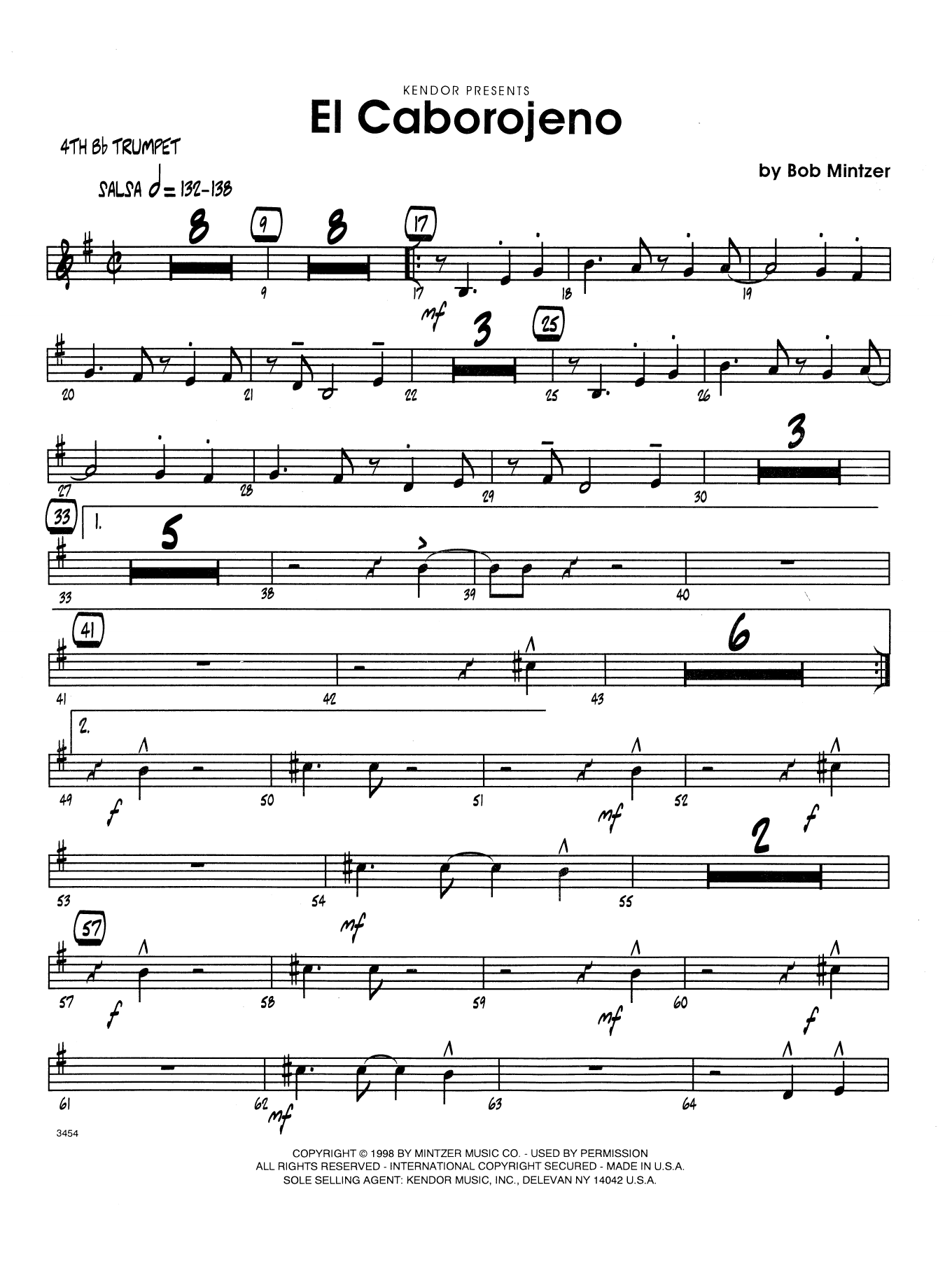 Learn to play Bob Mintzer El Caborojeno - 4th Bb Trumpet sheet music for Jazz Ensemble in minutes. Bob Mintzer El Caborojeno - 4th Bb Trumpet sheet music preview music notes and score for Jazz Ensemble including 3 page(s)