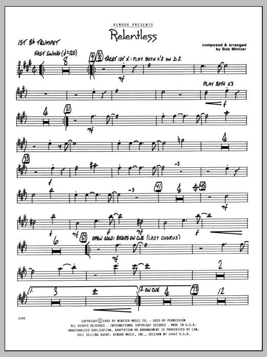 Learn to play Bob Mintzer Relentless - 1st Bb Trumpet sheet music for Jazz Ensemble in minutes. Bob Mintzer Relentless - 1st Bb Trumpet sheet music preview music notes and score for Jazz Ensemble including 2 page(s)