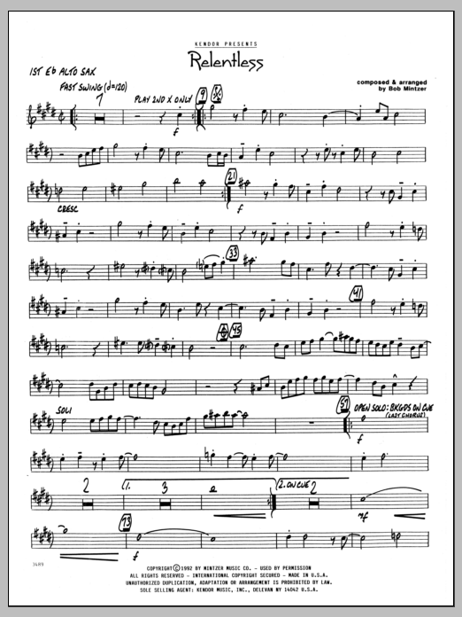Learn to play Bob Mintzer Relentless - 1st Eb Alto Saxophone sheet music for Jazz Ensemble in minutes. Bob Mintzer Relentless - 1st Eb Alto Saxophone sheet music preview music notes and score for Jazz Ensemble including 2 page(s)