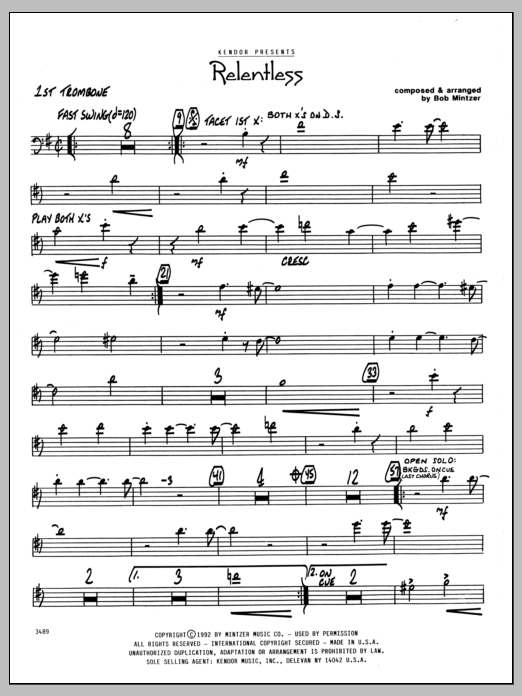 Learn to play Bob Mintzer Relentless - 1st Trombone sheet music for Jazz Ensemble in minutes. Bob Mintzer Relentless - 1st Trombone sheet music preview music notes and score for Jazz Ensemble including 2 page(s)