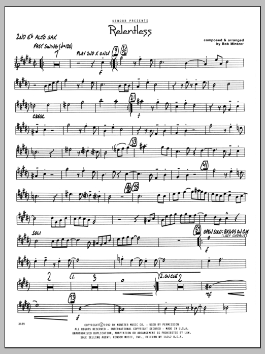 Learn to play Bob Mintzer Relentless - 2nd Eb Alto Saxophone sheet music for Jazz Ensemble in minutes. Bob Mintzer Relentless - 2nd Eb Alto Saxophone sheet music preview music notes and score for Jazz Ensemble including 2 page(s)