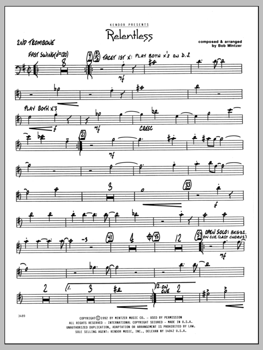 Learn to play Bob Mintzer Relentless - 2nd Trombone sheet music for Jazz Ensemble in minutes. Bob Mintzer Relentless - 2nd Trombone sheet music preview music notes and score for Jazz Ensemble including 2 page(s)