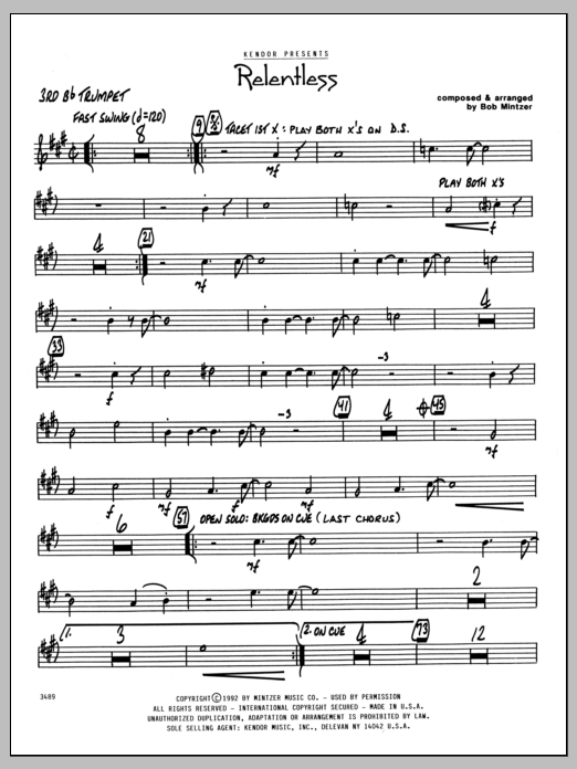 Learn to play Bob Mintzer Relentless - 3rd Bb Trumpet sheet music for Jazz Ensemble in minutes. Bob Mintzer Relentless - 3rd Bb Trumpet sheet music preview music notes and score for Jazz Ensemble including 2 page(s)