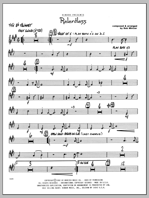 Learn to play Bob Mintzer Relentless - 4th Bb Trumpet sheet music for Jazz Ensemble in minutes. Bob Mintzer Relentless - 4th Bb Trumpet sheet music preview music notes and score for Jazz Ensemble including 2 page(s)