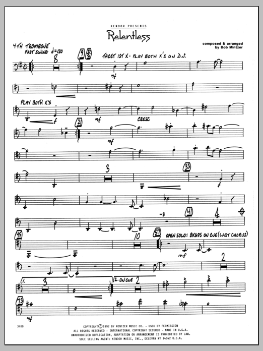 Learn to play Bob Mintzer Relentless - 4th Trombone sheet music for Jazz Ensemble in minutes. Bob Mintzer Relentless - 4th Trombone sheet music preview music notes and score for Jazz Ensemble including 2 page(s)
