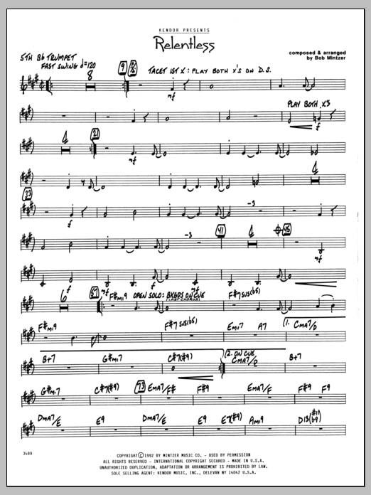 Learn to play Bob Mintzer Relentless - 5th Bb Trumpet sheet music for Jazz Ensemble in minutes. Bob Mintzer Relentless - 5th Bb Trumpet sheet music preview music notes and score for Jazz Ensemble including 2 page(s)