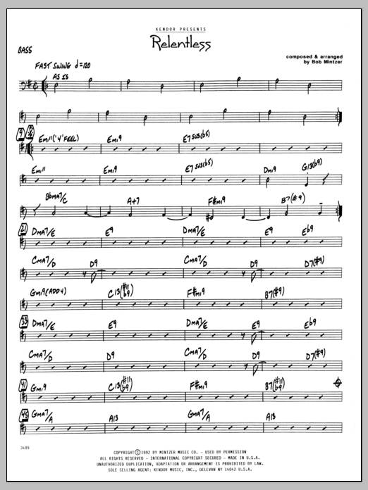 Learn to play Bob Mintzer Relentless - Bass sheet music for Jazz Ensemble in minutes. Bob Mintzer Relentless - Bass sheet music preview music notes and score for Jazz Ensemble including 3 page(s)