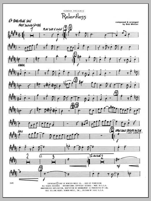 Learn to play Bob Mintzer Relentless - Eb Baritone Sax sheet music for Jazz Ensemble in minutes. Bob Mintzer Relentless - Eb Baritone Sax sheet music preview music notes and score for Jazz Ensemble including 2 page(s)