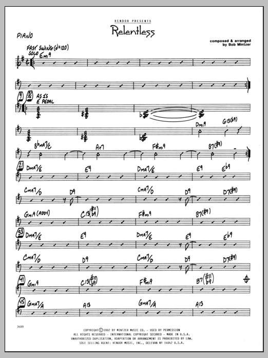 Learn to play Bob Mintzer Relentless - Piano sheet music for Jazz Ensemble in minutes. Bob Mintzer Relentless - Piano sheet music preview music notes and score for Jazz Ensemble including 3 page(s)