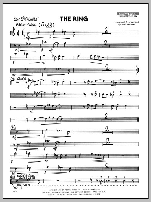 Learn to play Bob Mintzer The Ring - 1st Bb Trumpet sheet music for Jazz Ensemble in minutes. Bob Mintzer The Ring - 1st Bb Trumpet sheet music preview music notes and score for Jazz Ensemble including 2 page(s)