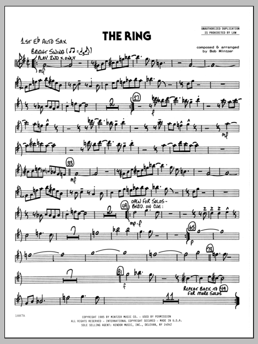 Learn to play Bob Mintzer The Ring - 1st Eb Alto Saxophone sheet music for Jazz Ensemble in minutes. Bob Mintzer The Ring - 1st Eb Alto Saxophone sheet music preview music notes and score for Jazz Ensemble including 2 page(s)
