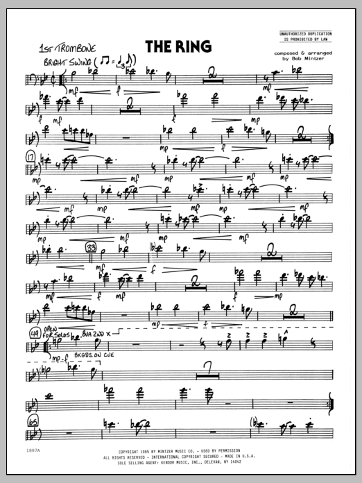 Learn to play Bob Mintzer The Ring - 1st Trombone sheet music for Jazz Ensemble in minutes. Bob Mintzer The Ring - 1st Trombone sheet music preview music notes and score for Jazz Ensemble including 2 page(s)