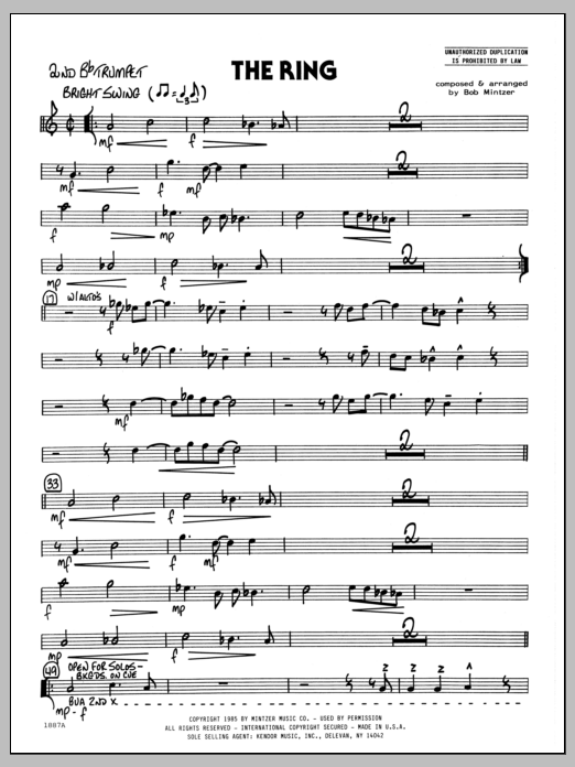 Learn to play Bob Mintzer The Ring - 2nd Bb Trumpet sheet music for Jazz Ensemble in minutes. Bob Mintzer The Ring - 2nd Bb Trumpet sheet music preview music notes and score for Jazz Ensemble including 2 page(s)