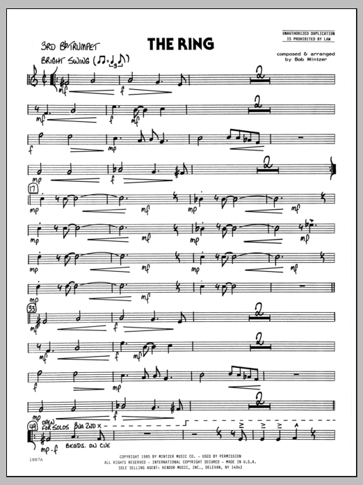 Learn to play Bob Mintzer The Ring - 3rd Bb Trumpet sheet music for Jazz Ensemble in minutes. Bob Mintzer The Ring - 3rd Bb Trumpet sheet music preview music notes and score for Jazz Ensemble including 2 page(s)
