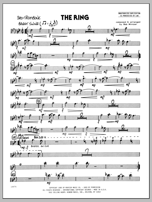 Learn to play Bob Mintzer The Ring - 3rd Trombone sheet music for Jazz Ensemble in minutes. Bob Mintzer The Ring - 3rd Trombone sheet music preview music notes and score for Jazz Ensemble including 2 page(s)