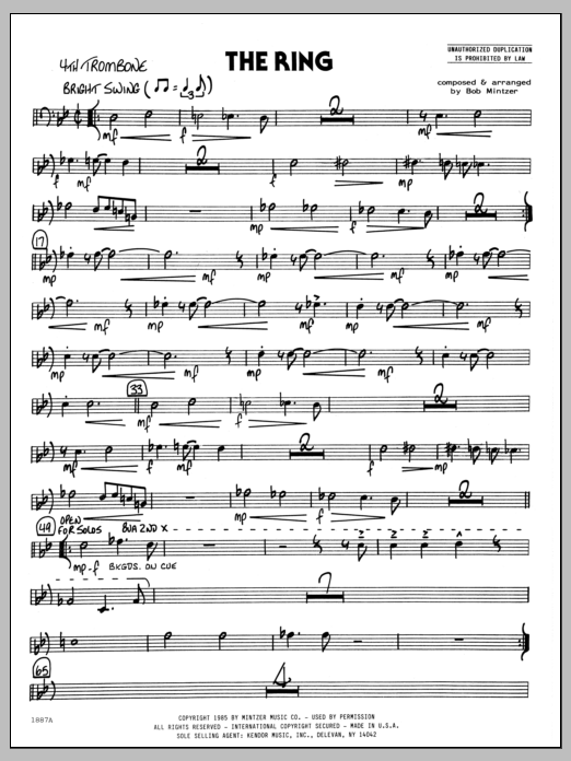 Learn to play Bob Mintzer The Ring - 4th Trombone sheet music for Jazz Ensemble in minutes. Bob Mintzer The Ring - 4th Trombone sheet music preview music notes and score for Jazz Ensemble including 2 page(s)