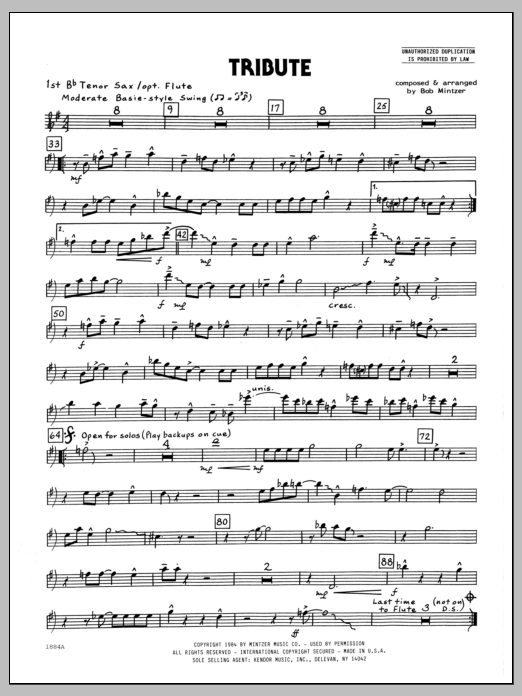 Learn to play Bob Mintzer Tribute - 1st Bb Tenor Saxophone sheet music for Jazz Ensemble in minutes. Bob Mintzer Tribute - 1st Bb Tenor Saxophone sheet music preview music notes and score for Jazz Ensemble including 2 page(s)
