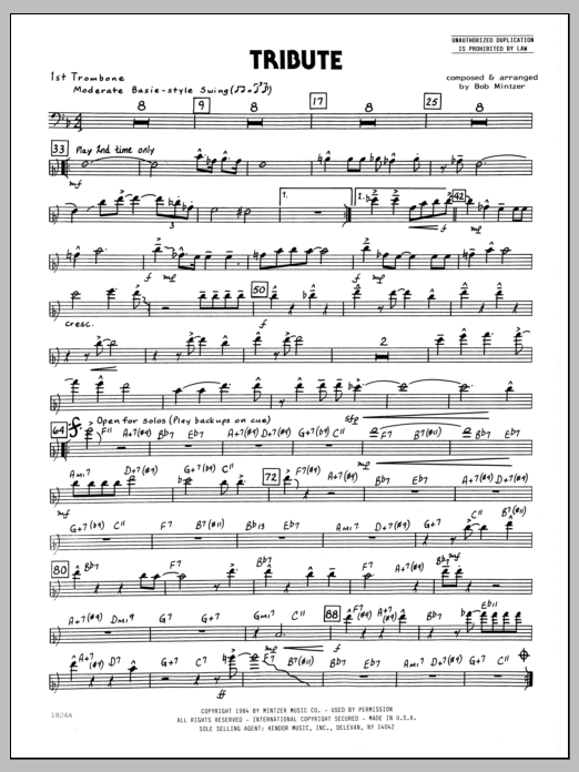 Learn to play Bob Mintzer Tribute - 1st Trombone sheet music for Jazz Ensemble in minutes. Bob Mintzer Tribute - 1st Trombone sheet music preview music notes and score for Jazz Ensemble including 2 page(s)