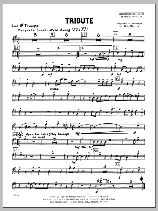 Learn to play Bob Mintzer Tribute - 2nd Bb Trumpet sheet music for Jazz Ensemble in minutes. Bob Mintzer Tribute - 2nd Bb Trumpet sheet music preview music notes and score for Jazz Ensemble including 2 page(s)