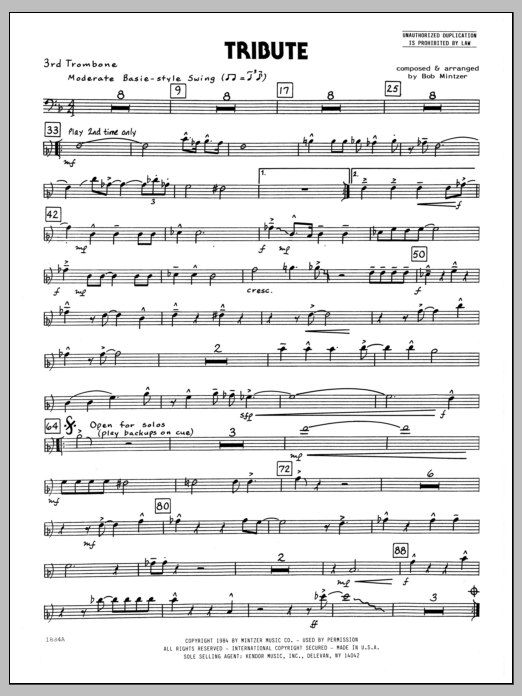Learn to play Bob Mintzer Tribute - 3rd Trombone sheet music for Jazz Ensemble in minutes. Bob Mintzer Tribute - 3rd Trombone sheet music preview music notes and score for Jazz Ensemble including 2 page(s)