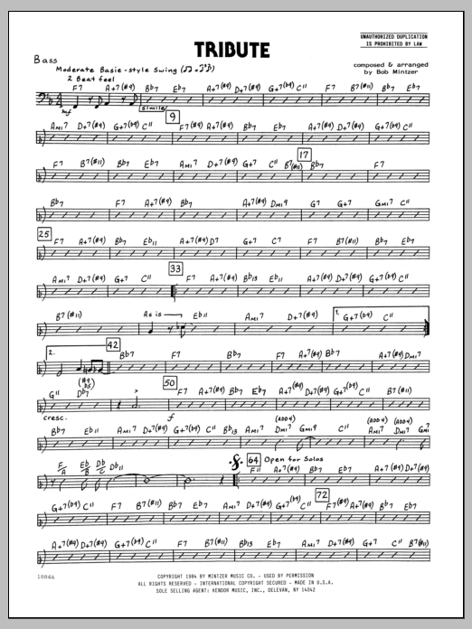 Learn to play Bob Mintzer Tribute - Bass sheet music for Jazz Ensemble in minutes. Bob Mintzer Tribute - Bass sheet music preview music notes and score for Jazz Ensemble including 2 page(s)