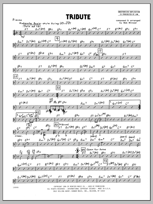 Learn to play Bob Mintzer Tribute - Piano sheet music for Jazz Ensemble in minutes. Bob Mintzer Tribute - Piano sheet music preview music notes and score for Jazz Ensemble including 2 page(s)