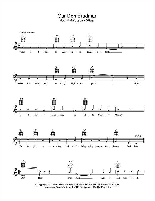 Learn to play Bob Molyneux Our Don Bradman sheet music for Melody Line, Lyrics & Chords in minutes. Bob Molyneux Our Don Bradman sheet music preview music notes and score for Melody Line, Lyrics & Chords including 2 page(s)
