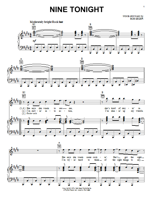 Learn to play Bob Seger Nine Tonight sheet music for Lyrics & Chords in minutes. Bob Seger Nine Tonight sheet music notes and chords