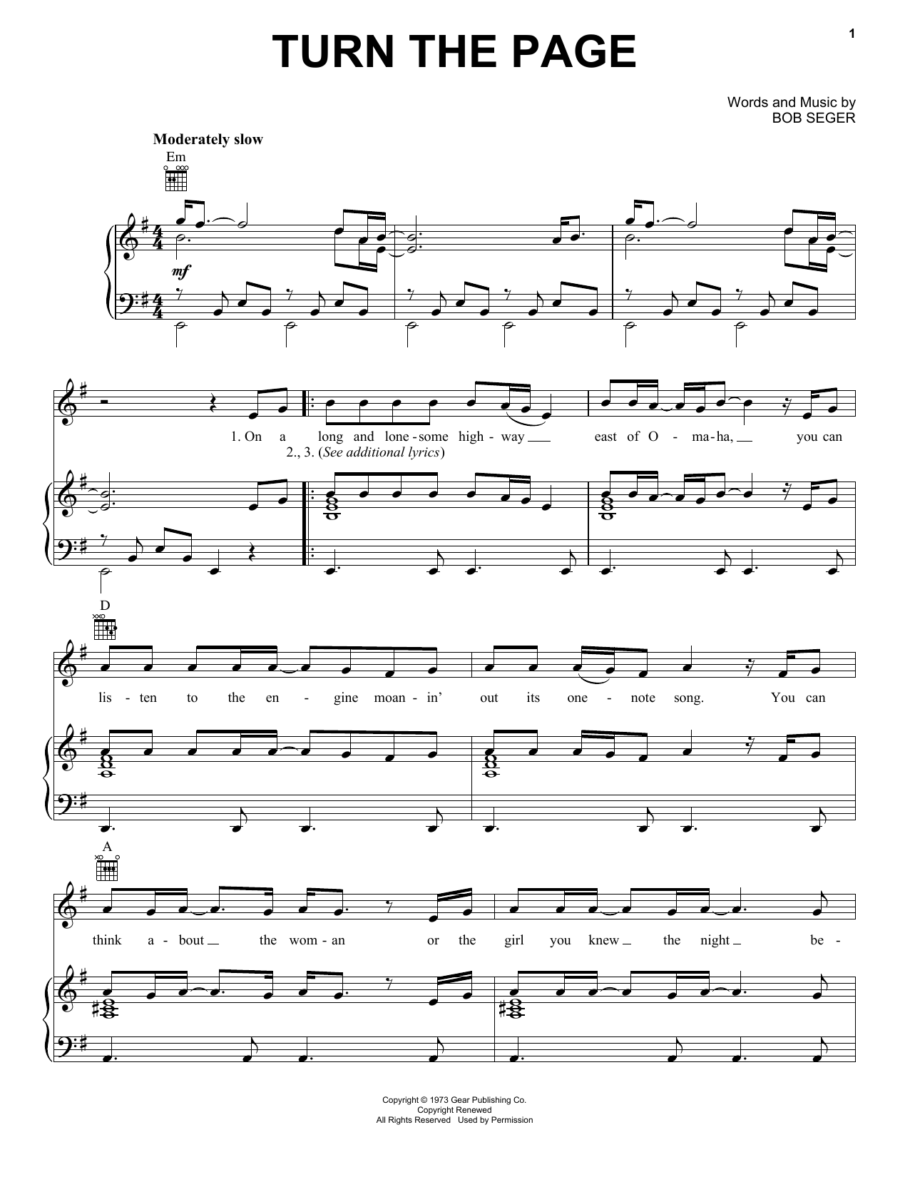 Bob Seger Turn The Page sheet music preview music notes and score for Lyrics & Chords including 3 page(s)