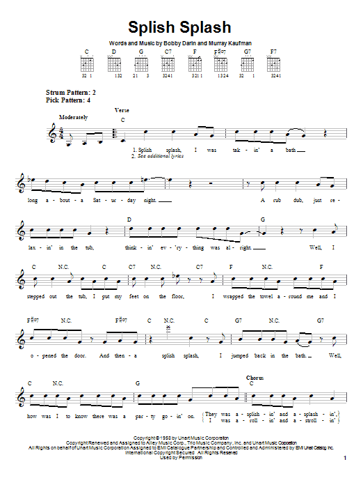Download Bobby Darin Splish Splash sheet music notes and chords for Easy Guitar - Download Printable PDF and start playing in minutes.