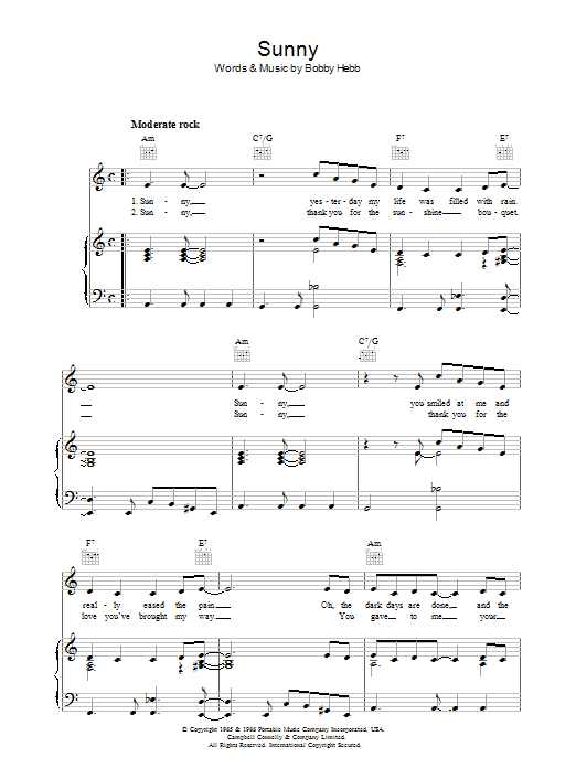 Download Bobby Hebb Sunny sheet music notes and chords for Guitar - Download Printable PDF and start playing in minutes.