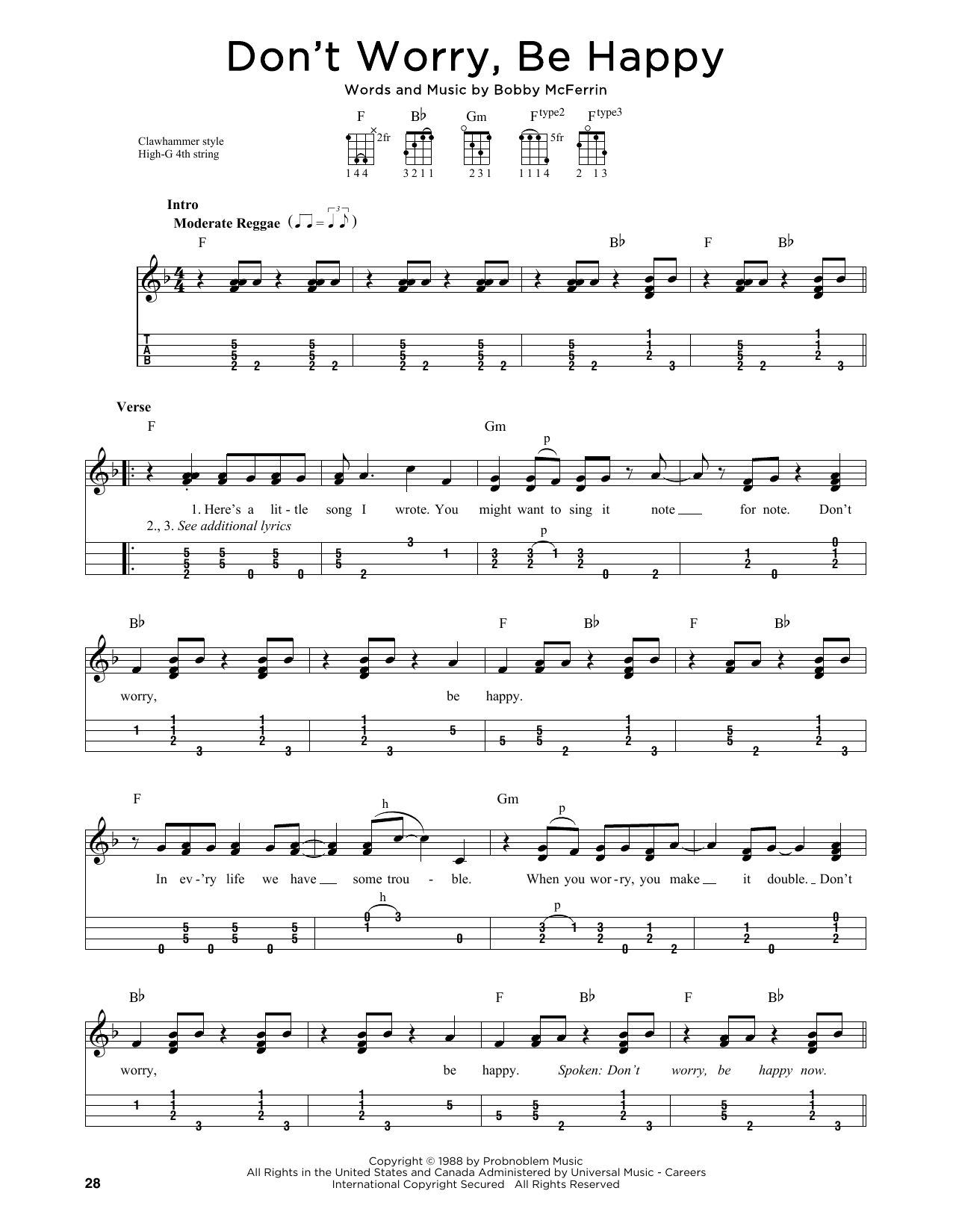 Bobby McFerrin Don't Worry, Be Happy (arr. Jim Schustedt) sheet music, chords, lyrics - Printable PDF for Ukulele