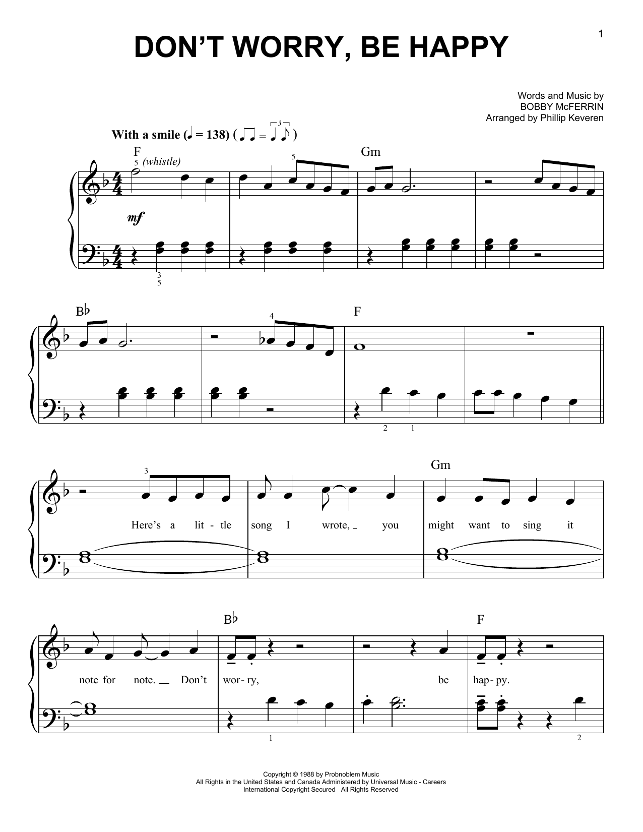 Bobby McFerrin Don't Worry, Be Happy sheet music, chords, lyrics - Printable PDF for Easy Piano