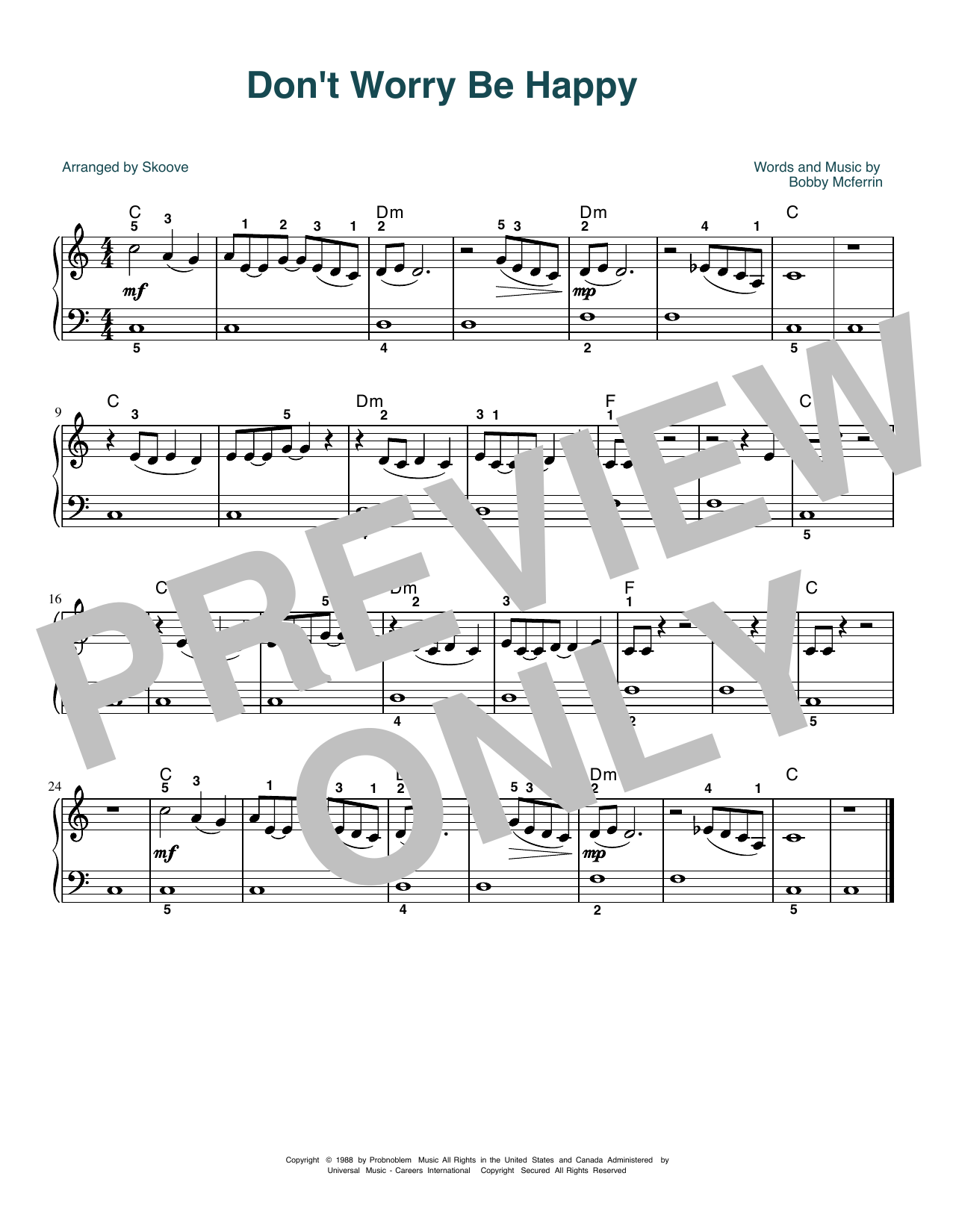 Bobby McFerrin Don't Worry, Be Happy (arr. Skoove) sheet music, chords, lyrics - Printable PDF for Beginner Piano (Abridged)