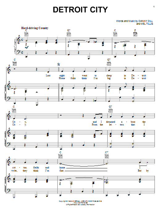 Bobby Bare Detroit City sheet music preview music notes and score for Lyrics & Piano Chords including 1 page(s)