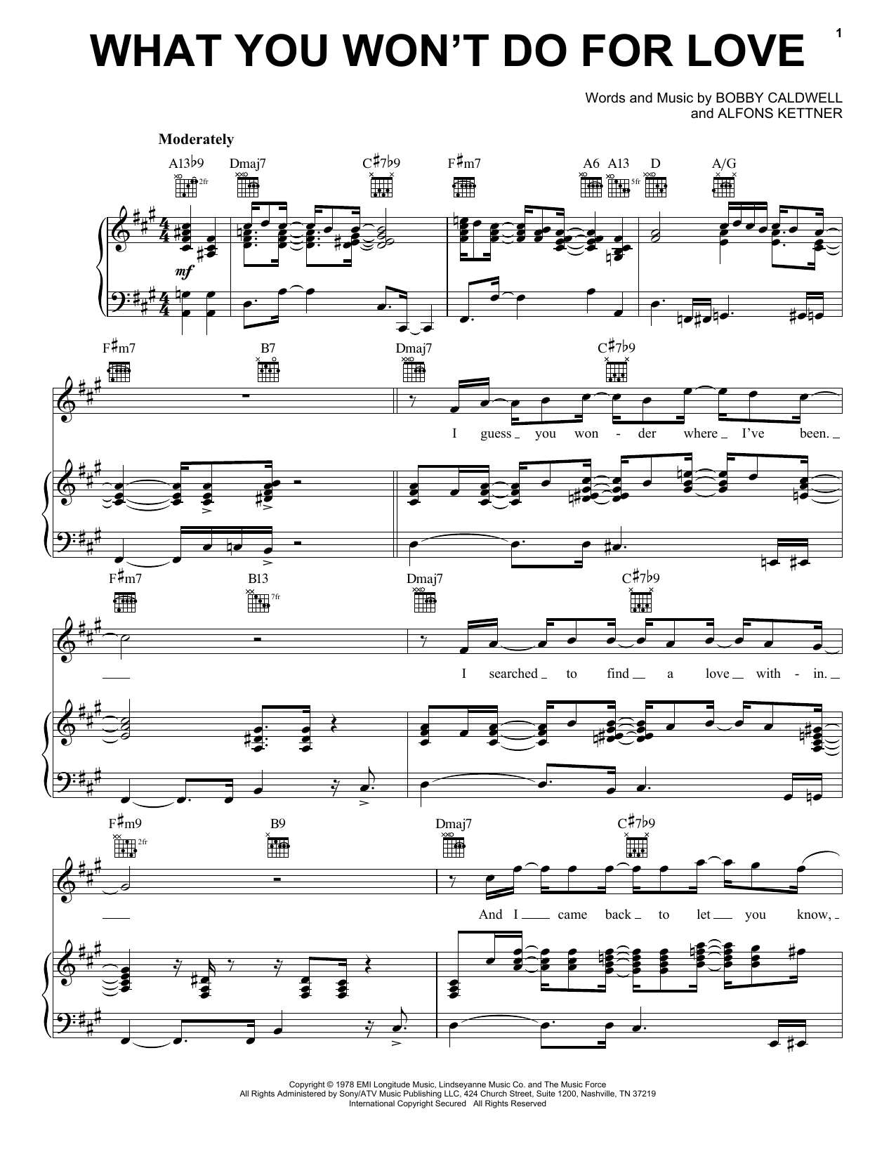 Learn to play Bobby Caldwell What You Won't Do For Love sheet music for Piano, Vocal & Guitar (Right-Hand Melody) in minutes. Bobby Caldwell What You Won't Do For Love sheet music preview music notes and score for Piano, Vocal & Guitar (Right-Hand Melody) including 4 page(s)