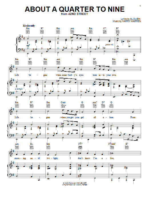 Learn to play Bobby Darin About A Quarter To Nine sheet music for Piano, Vocal & Guitar (Right-Hand Melody) in minutes. Bobby Darin About A Quarter To Nine sheet music preview music notes and score for Piano, Vocal & Guitar (Right-Hand Melody) including 4 page(s)
