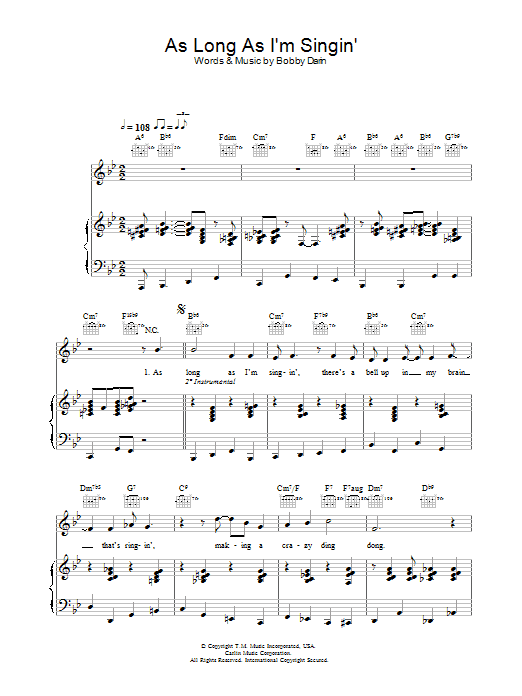 Bobby Darin As Long As I'm Singing sheet music preview music notes and score for Piano, Vocal & Guitar including 5 page(s)