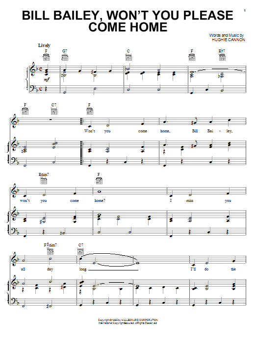 Learn to play Bobby Darin Bill Bailey, Won't You Please Come Home sheet music for Piano, Vocal & Guitar (Right-Hand Melody) in minutes. Bobby Darin Bill Bailey, Won't You Please Come Home sheet music notes and chords