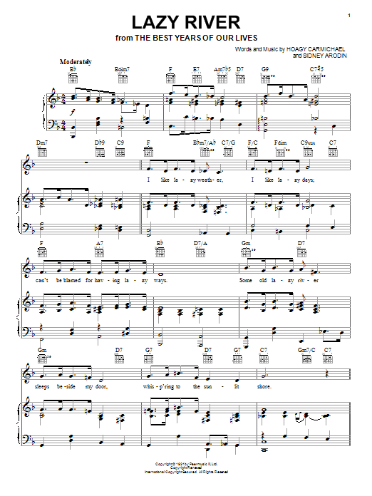 Bobby Darin Lazy River sheet music preview music notes and score for Piano, Vocal & Guitar (Right-Hand Melody) including 3 page(s)