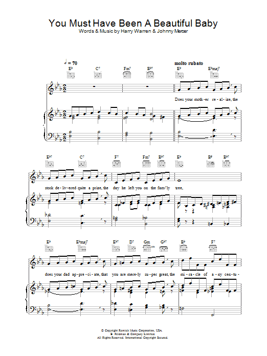 Learn to play Bobby Darin You Must Have Been A Beautiful Baby sheet music for Piano, Vocal & Guitar (Right-Hand Melody) in minutes. Bobby Darin You Must Have Been A Beautiful Baby sheet music preview music notes and score for Piano, Vocal & Guitar (Right-Hand Melody) including 3 page(s)