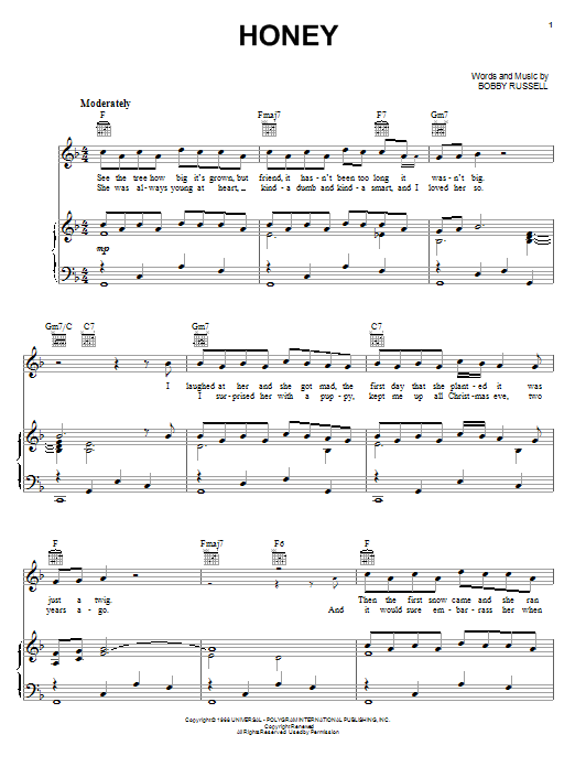 Learn to play Bobby Goldsboro Honey sheet music for Piano, Vocal & Guitar (Right-Hand Melody) in minutes. Bobby Goldsboro Honey sheet music preview music notes and score for Piano, Vocal & Guitar (Right-Hand Melody) including 5 page(s)