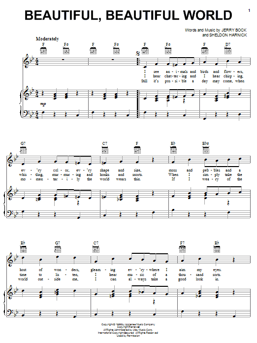 Bock & Harnick Beautiful, Beautiful World sheet music, chords, lyrics - Printable PDF for Piano, Vocal & Guitar (Right-Hand Melody)