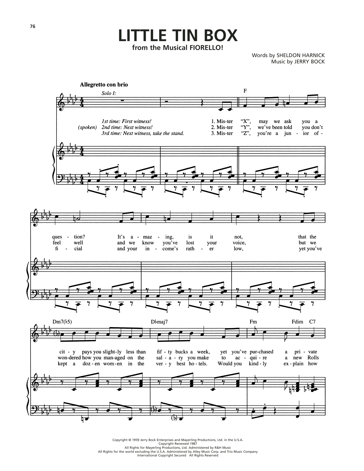 Bock & Harnick Little Tin Box (from Fiorello) sheet music, chords, lyrics - Printable PDF for Piano & Vocal