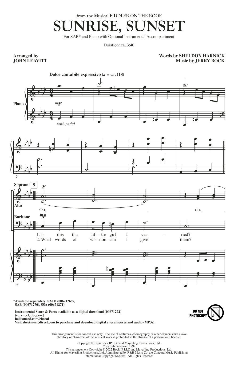 Bock & Harnick Sunrise, Sunset (from Fiddler On The Roof) (arr. John Leavitt) sheet music, chords, lyrics - Printable PDF for SSA Choir